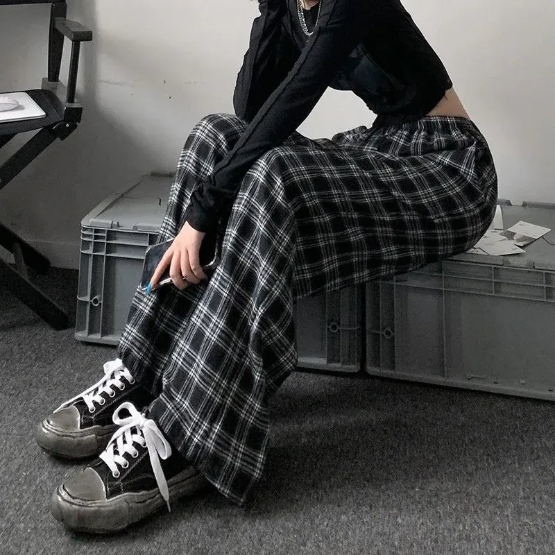 High Waisted Plaid Pants Korean Oversized Checkered Trousers For Women