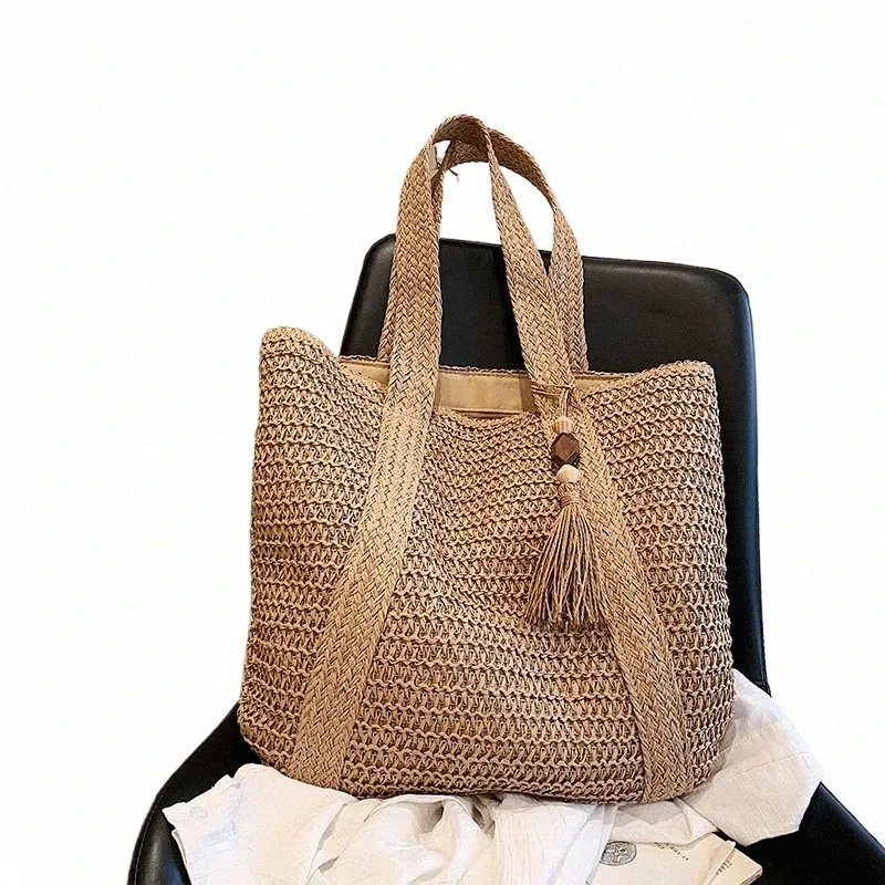 Été tissé sac à bandoulière femmes sac de plage femme paille tricotée à la main grande capacité sac à main sac à main voyage gland shopper fourre-tout A30k #