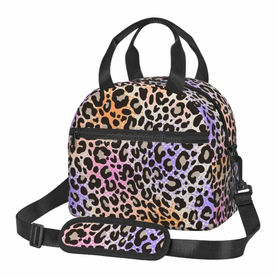 Sac à lunch isolé imprimé léopard coloré pour femmes portable réutilisable sac à bento thermique étanche pour le travail pique-nique plage voyage s64W #