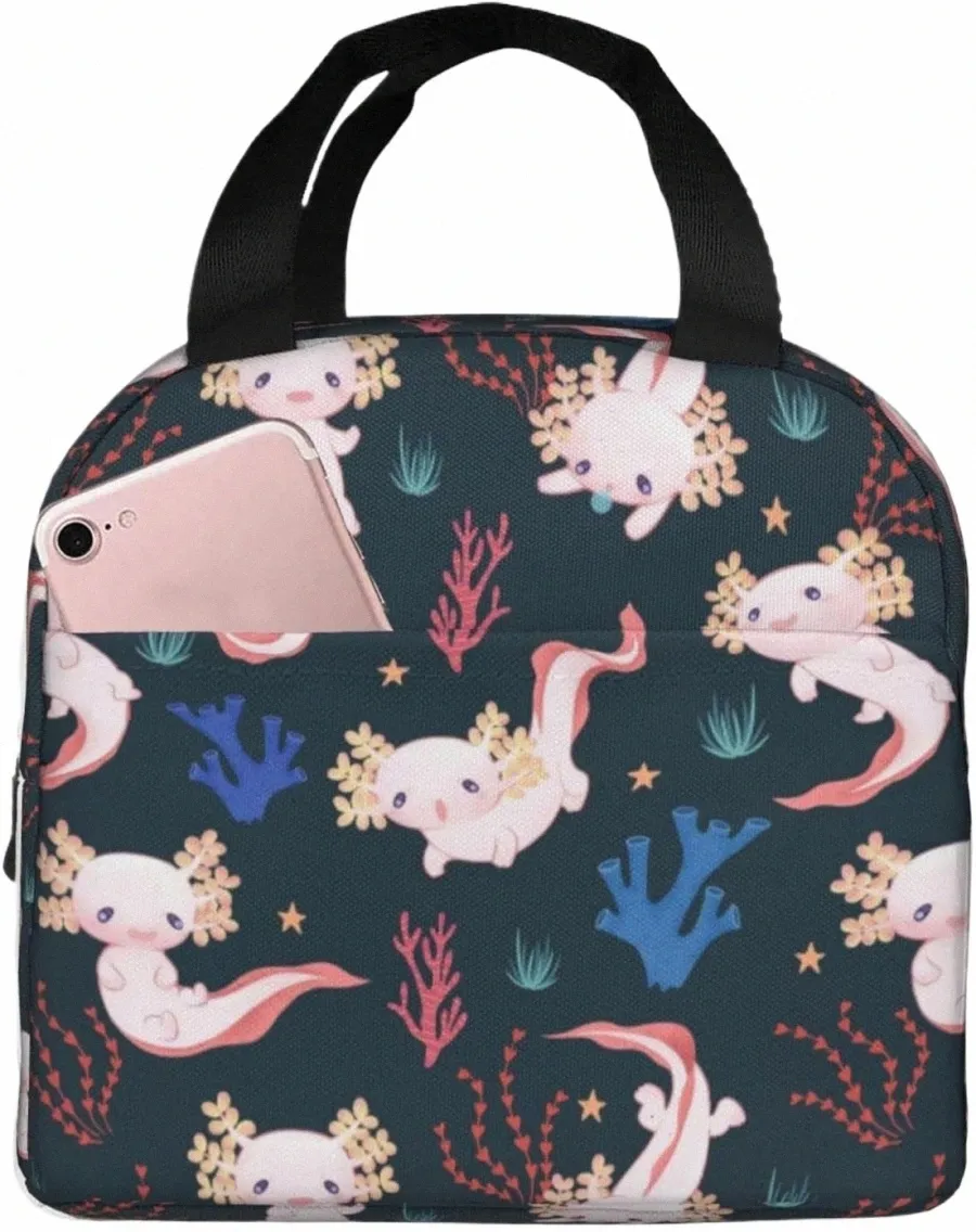 Kawaii Lunchtasche, Axolotls, isolierte Lunchbox für Damen und Herren, wiederverwendbar, tragbar, Lunch-Bento-Tasche für Schule, Arbeit, Picknick, Wandern v2o0 #