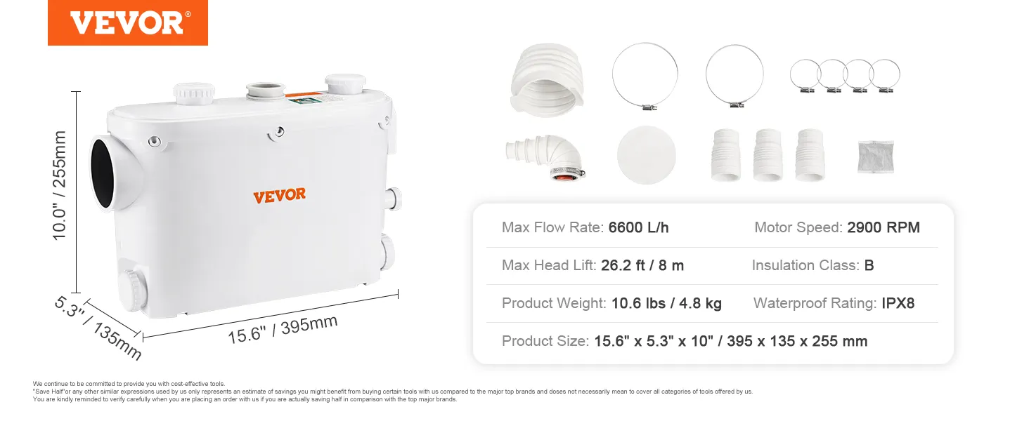 VEVOR Macerator Pump, 500W, 110 L/min 29 GPM Flow, 26 Ft/8 M Head Lift For Kitchen Basement Sink P 010838133161 VEVOR Macerator Pump, 500W, 110 L/min 29 GPM Flow, 26 Ft/8 M Head Lift For Kitchen Basement Sink P 010838133161