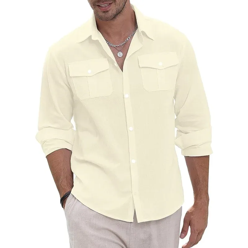 Oldyanup Mens Cotton Linen Long Sleeve Shirt, Solid Color