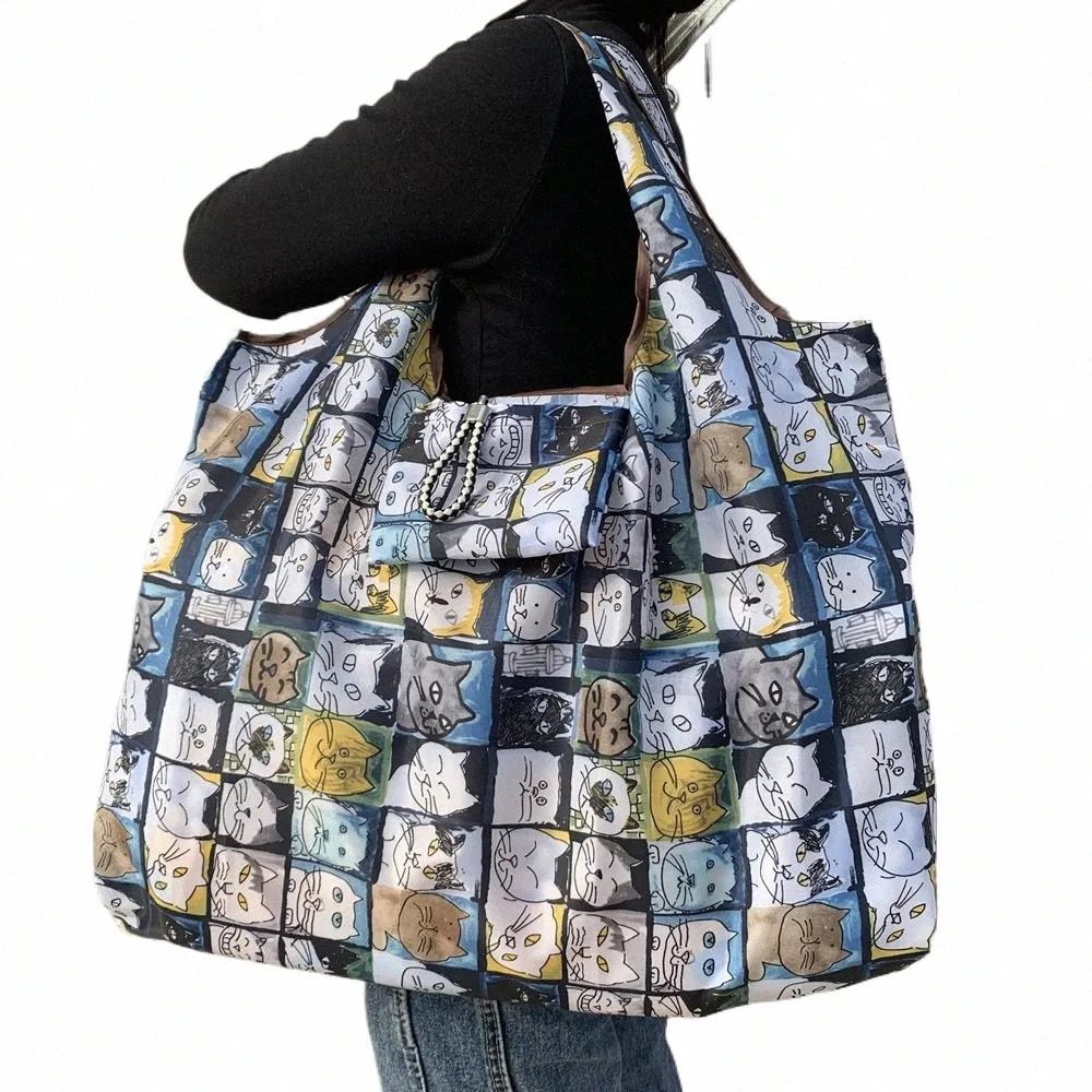 Grande taille épais Nyl grand fourre-tout ECO réutilisable polyester épaule portable sacs à main pour femmes pochette pliante sac de magasin pliable e4Zb #