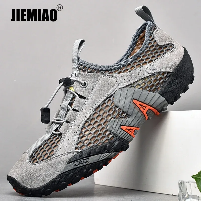 Botas jiemiao de alta qualidade de verão para caminhadas ao ar livre sapatos de couro genuíno elástico respirável Man Mountain Trekking tênis