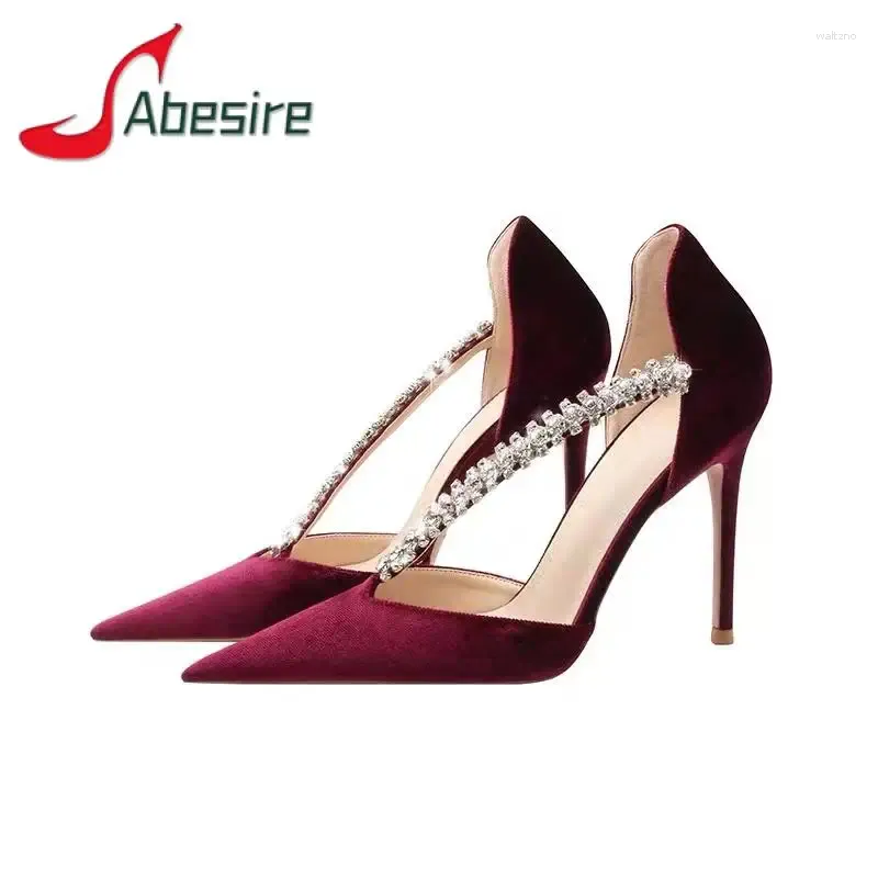 Sapatos de vestido de luxo cristal camurça salto alto para mulheres sexy senhoras festa banquete moda strass vinho vermelho preto oco bombas de couro