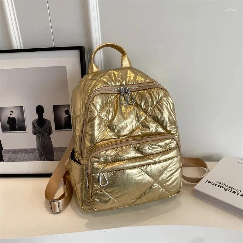 Schule Taschen Mode Raum Pad Baumwolle Rucksack Frauen Tasche Weibliche Stepp Design Sport Rucksäcke Dame Nylon Gepolsterte Reine Gold Sac