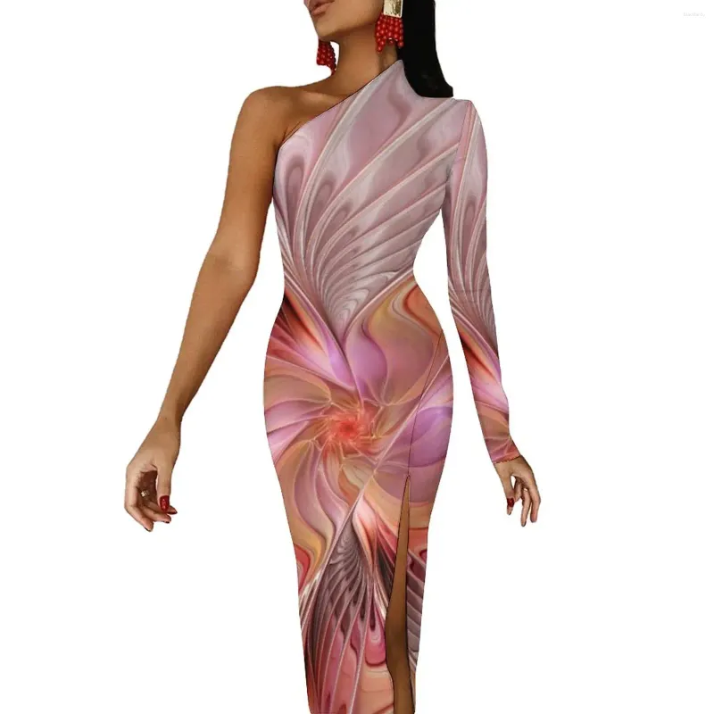 Robes décontractées Robe moulante papillon abstraite été fantaisie art fractal jolie fente haute longue femme une épaule esthétique