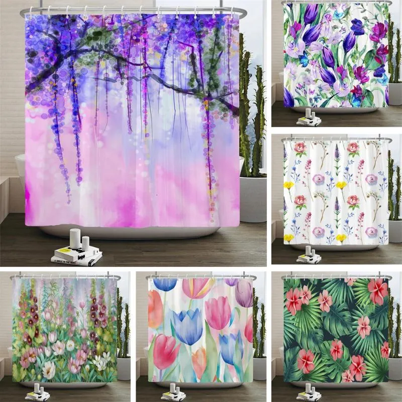 Shower Curtains Colorful Beautiful Flowers With 12 Hooks Floral Printed Fabric Curtain Waterproof Polyester Bath Screen