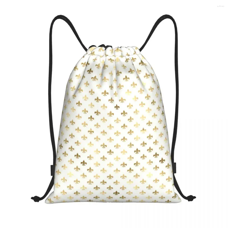 Shopping Bags Elegant Gold And White Fleur De Lis Pattern Drawstring Bag Portable Gym Sports Sackpack Lily Flower Training Storage Backpacks