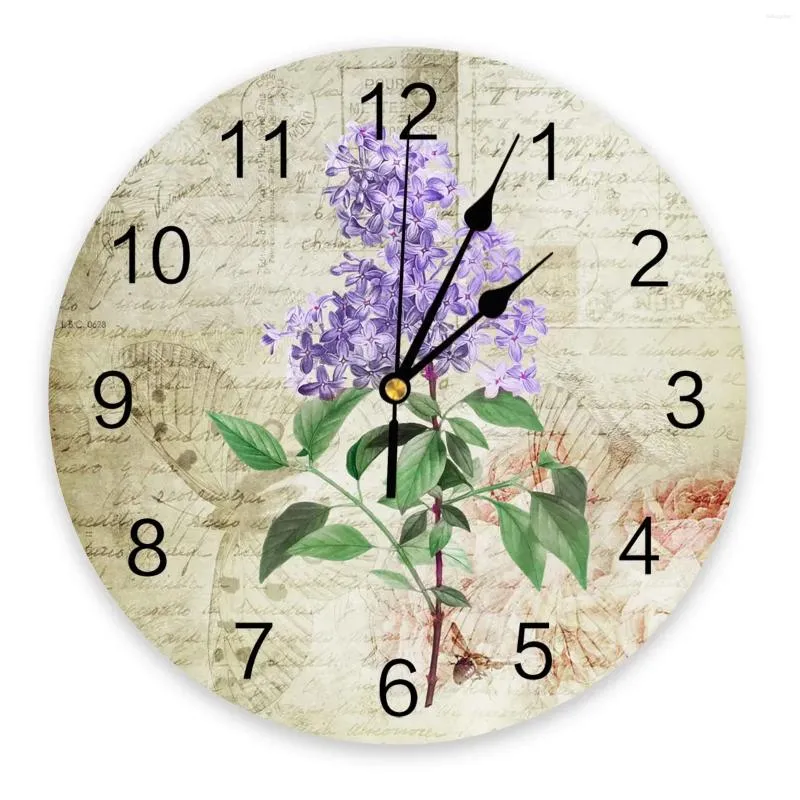 Настенные часы, винтажные часы с растением, лавандой, фиолетовым цветком, современный дизайн, украшение для гостиной, немые часы, домашний декор интерьера