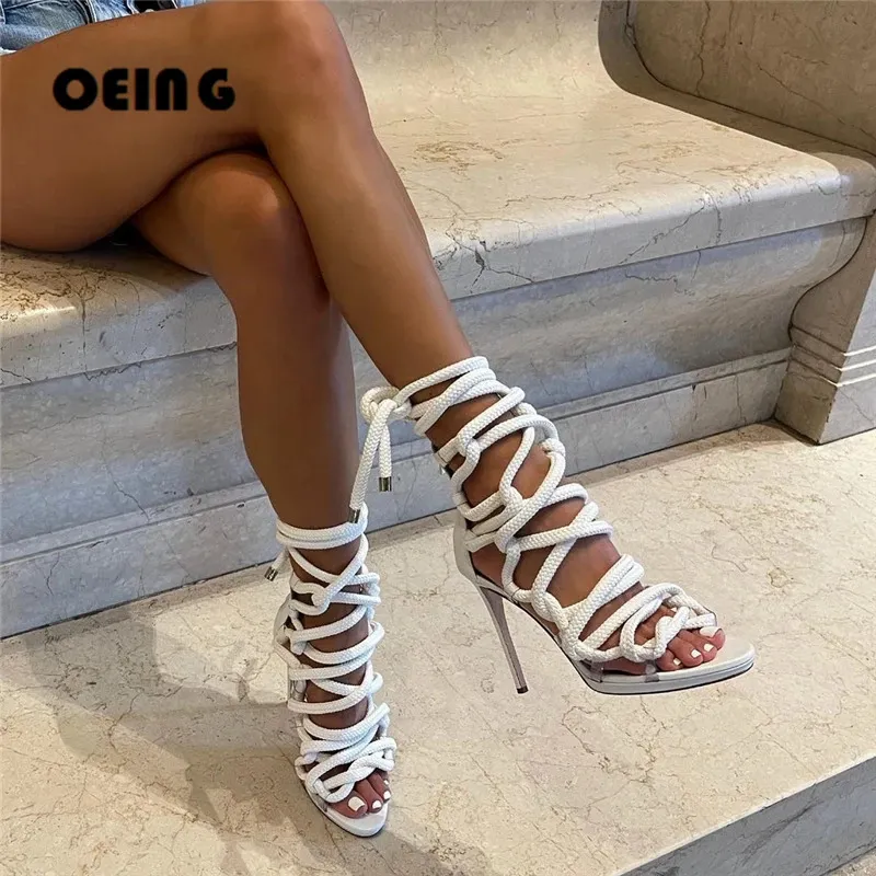 Été femmes à lacets gladiateur sandales corde Wrap Peep Toe talon haut sandale Sexy Club robe de soirée chaussures dames bride à la cheville sandale 240326