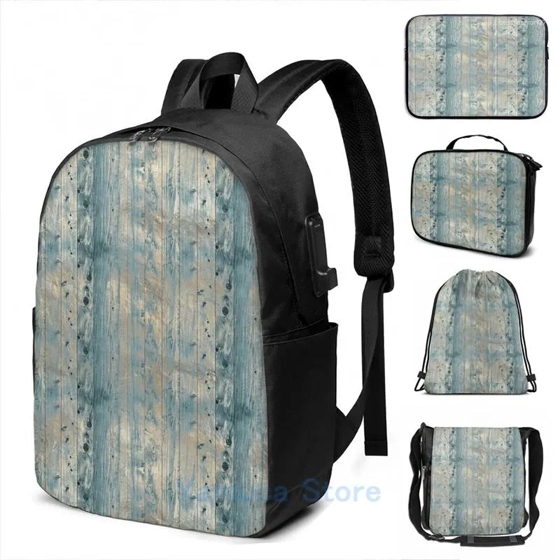 Sırt çantası grafik baskı mavi ve altın lekeli ahşap panel arka zemin usb şarj erkek okul çantaları kadın çanta seyahat dizüstü