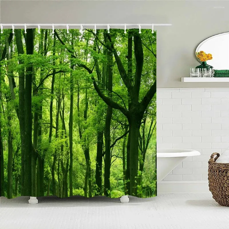 Cortinas de ducha Naturaleza Bosque Árboles Paisaje Cortina de baño Frabic Impermeable Poliéster Impresión Baño con ganchos