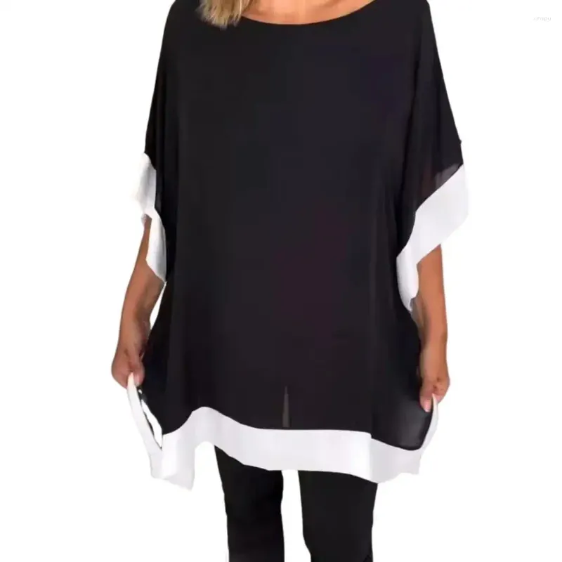 Blouses pour femmes Patchwork couleur manches chauve-souris haut élégant été hauts col rond pull bloc côté fendu t-shirt pour elle