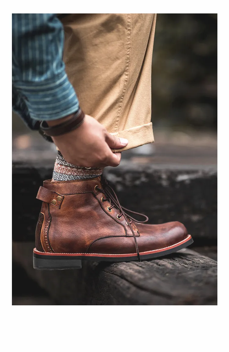 Mens Casual Brown Leather Ankle Motorcycle Boots with Lace  display picture 1