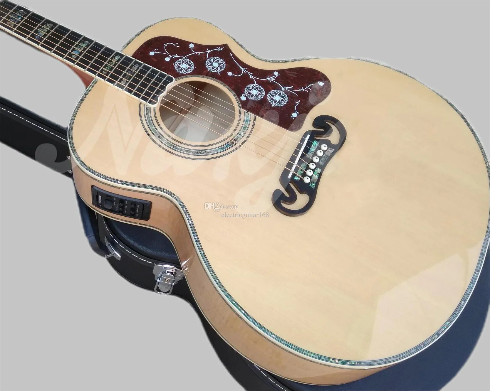 Chitarra elettrica gigante con abete solido, chitarra acustica, abalone naturale, tastiera ebano, beige di fiamma, 43 258