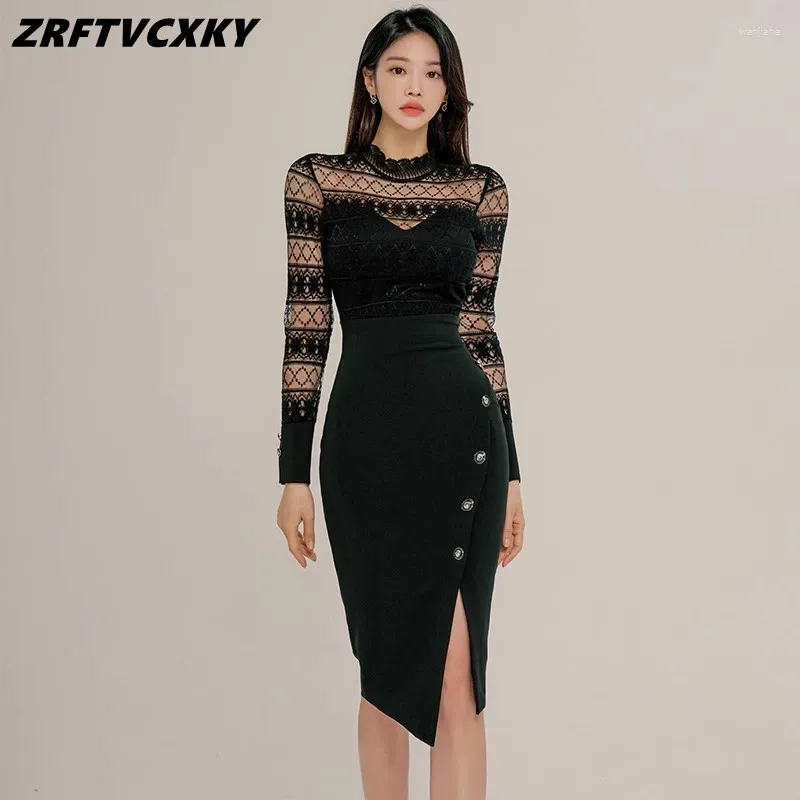 Casual jurken elegante mode kant patchwork potlood midi-jurk dames 2024 lente vintage eenvoudige bodycon sexy party vestidos