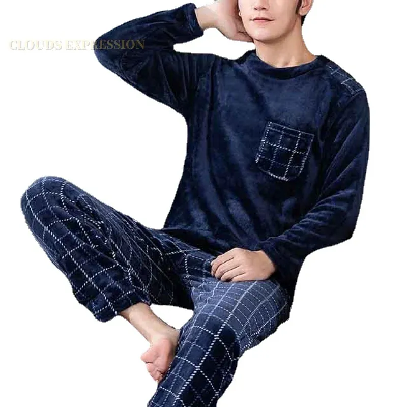 Mens Fleece Pajamas Warm Thermal Velvet Plaid Pajama Sets For Men