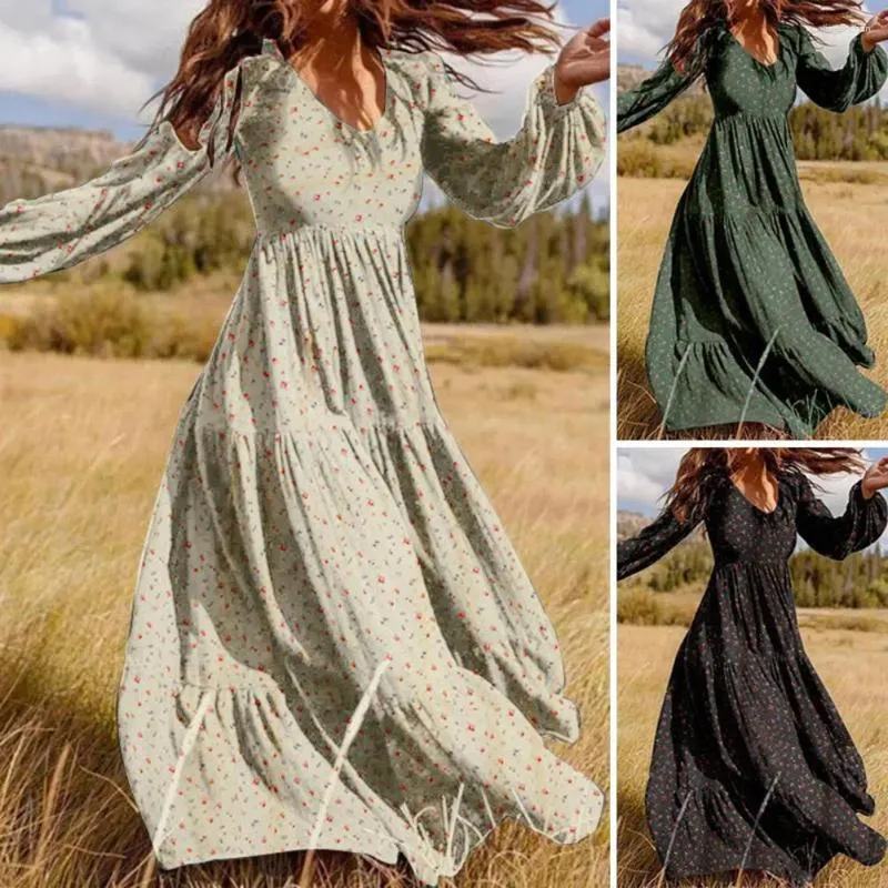 Casual jurken Dames maxi-jurk Bloemenprint V-hals A-lijn Losvallende lantaarnmouwen Geplooide taille voor lente en herfst