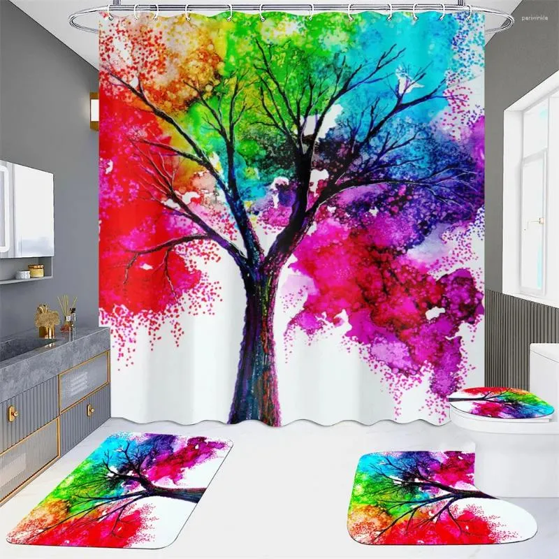 Rideaux de douche Motifs d'arbres colorés Ensemble de rideaux Unique Fantasy Bathrom Tapis antidérapant Toilette Salle de bain Décor