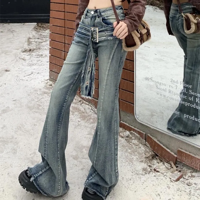 Jeans pour femmes japonais Y2k taille basse Flare Vintage lavé noir Baggy coréen Grunge Cargo pantalon 2000s jambe large Denim