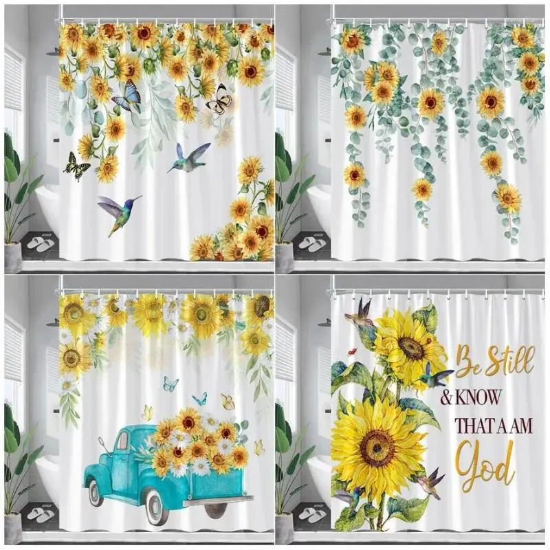 Shower Curtains Sunflower Butterfly Hummingbird Green Plants Leaves Rustic Flowers Bath Curtain Fabric Bathroom Decor Set Hooks