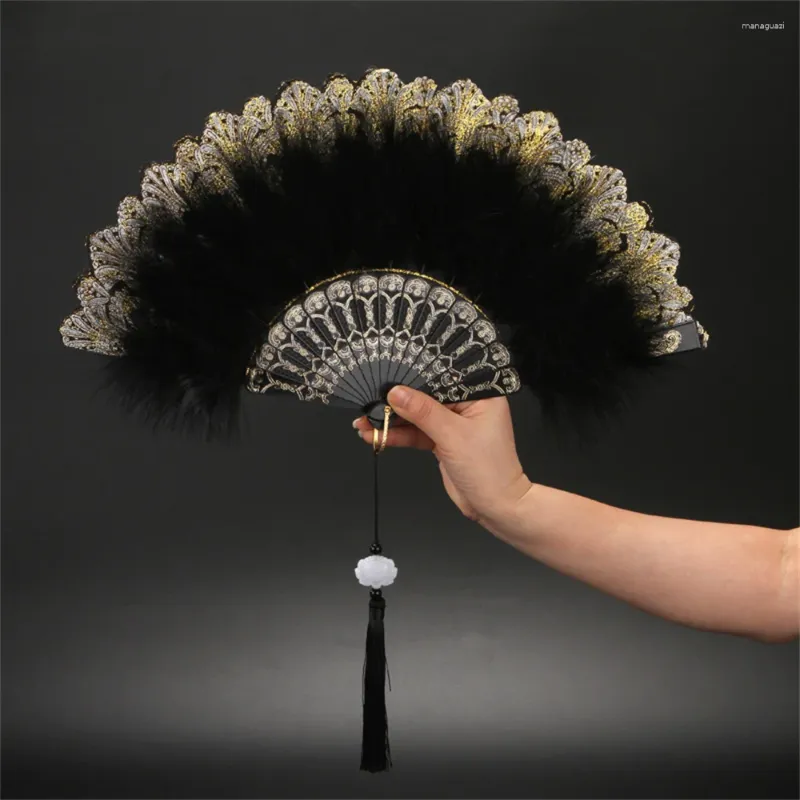 Decorative Figurines Feather Silk Fan Solid Color Hollow Plastic Fanbone Embroidered Lace Folding Hand Gothic Lolita Wedding Decor Festival