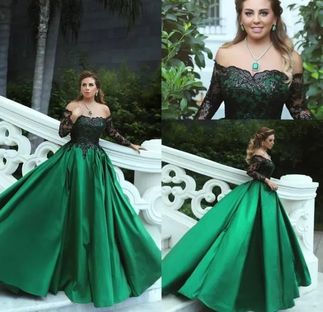 Vintage esmeralda verde preto laço mangas compridas vestidos de festa de baile fora do ombro uma linha médio oriente elegante vestidos de noite 2110666