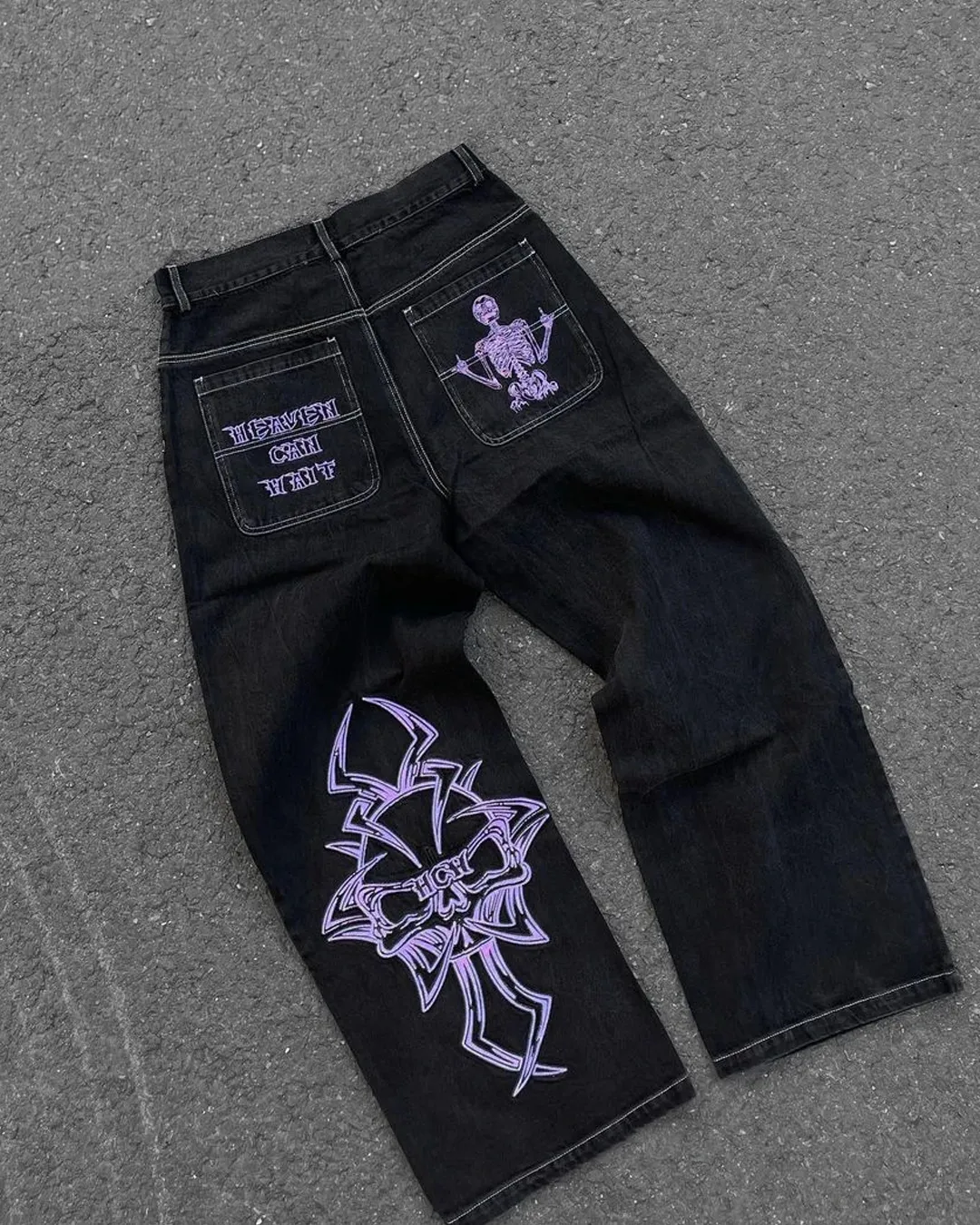 Men's American Gothic Embroidered Jeans - Y2K Streetwear, Wide Leg, Casual, Hip Hop, Harajuku Style Men's American Gothic Embroidered Jeans - Y2K Streetwear, Wide Leg, Casual, Hip Hop, Harajuku Style