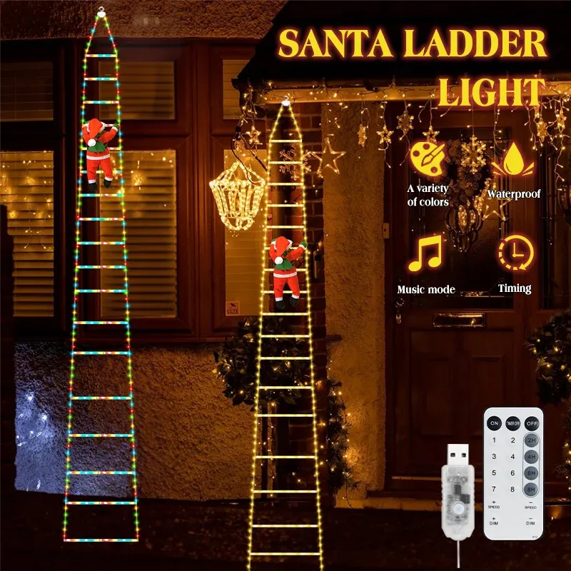 Santa Sign Remote Control 75/300cm LED Santa Claus Ladder Lights with Climbing Santa, USB Remote ...