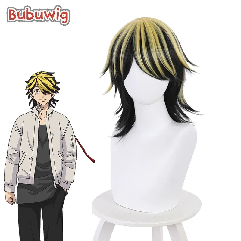 Peruker bubuwig syntetiska hår tokyo hämndar hanemiya kazutora cosplay peruk 30 cm kort rak svart blandad blondin peruker värmemotståndande