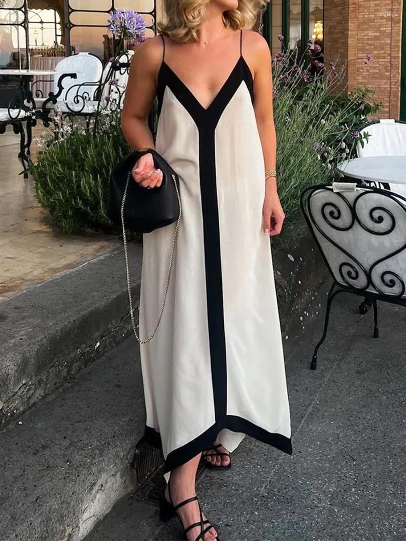 Casual Dresses Women Spaghetti Strap Dress With Contrasting Suspender Black White Patchwork Backless Evening Cocktail Party Wedding