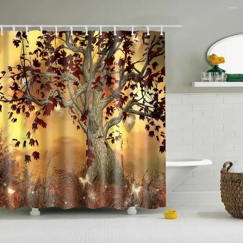 Cortinas de chuveiro cortina rústica outono floresta folhas no parque pequeno rio ponte de madeira imagem tecido decoração do banheiro conjunto com ganchos