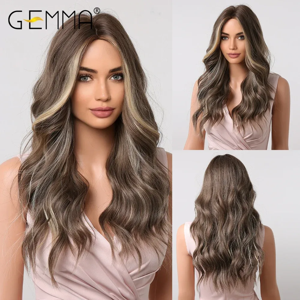 Pelucas Gemma Long Brown Wavy Wavy Wig Rubia gris rubia Pelucas de la parte media para mujeres Cosplay Fibra resistente al calor de la peluca del calor