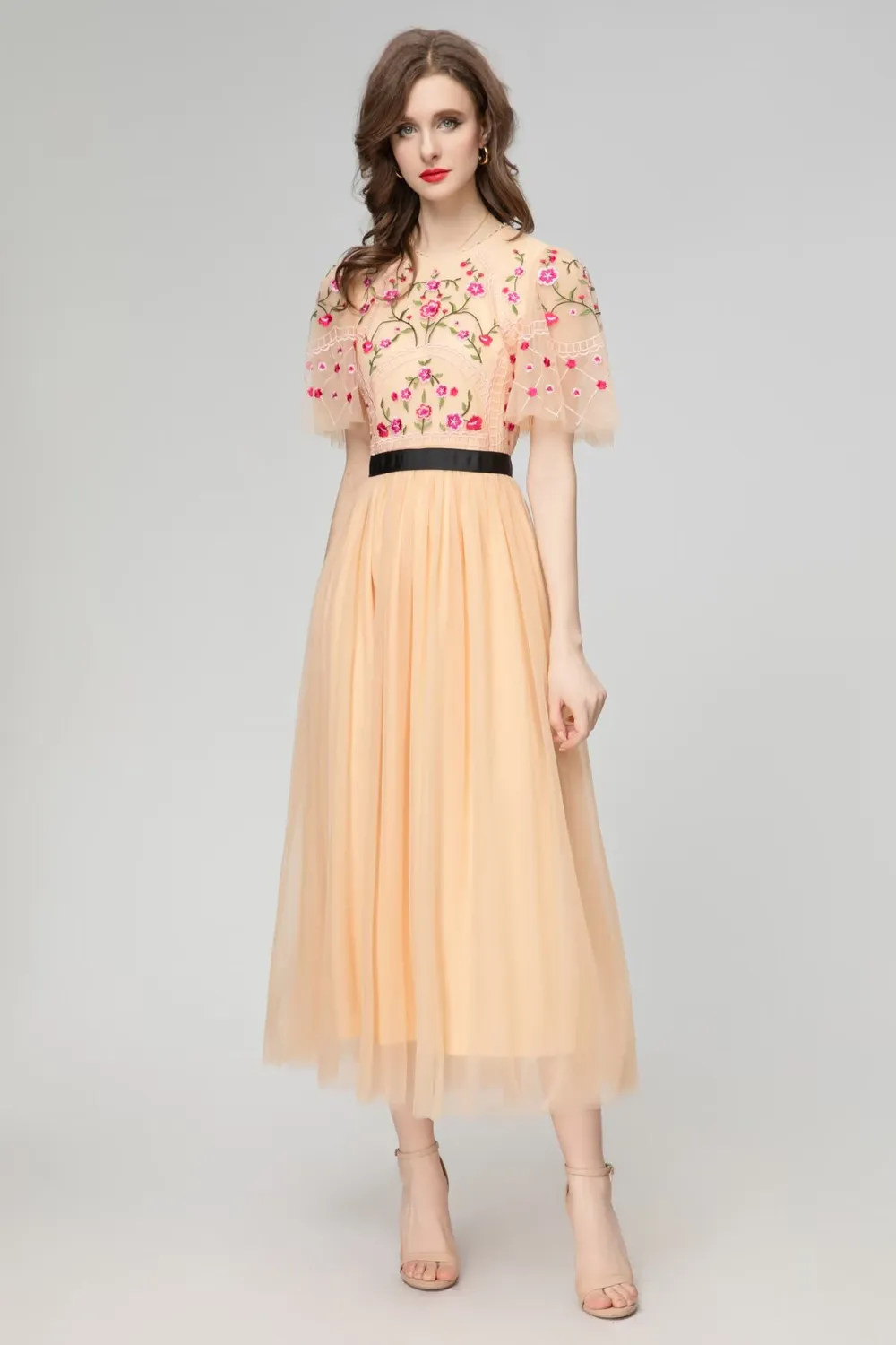 floral ankle length dresses V Neck Ankle Length Short Sleeves Floral Wedding Guest Dress, Floral / L