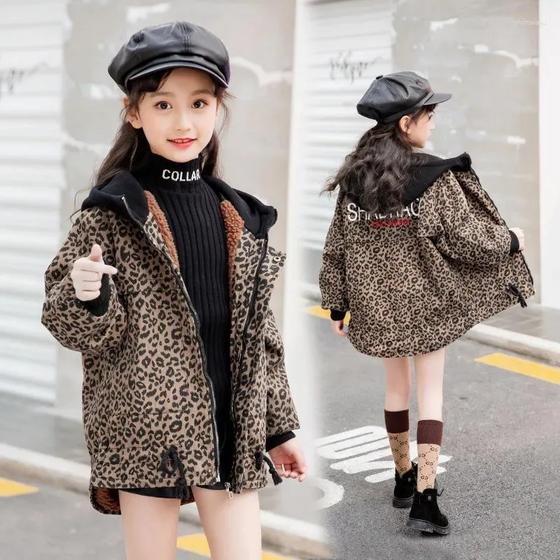 Down Coat Baby Girls 'Winter 5-15 år gammal Leopardtryck Kort plysch foder tjock huva vadderad dike jacka barn