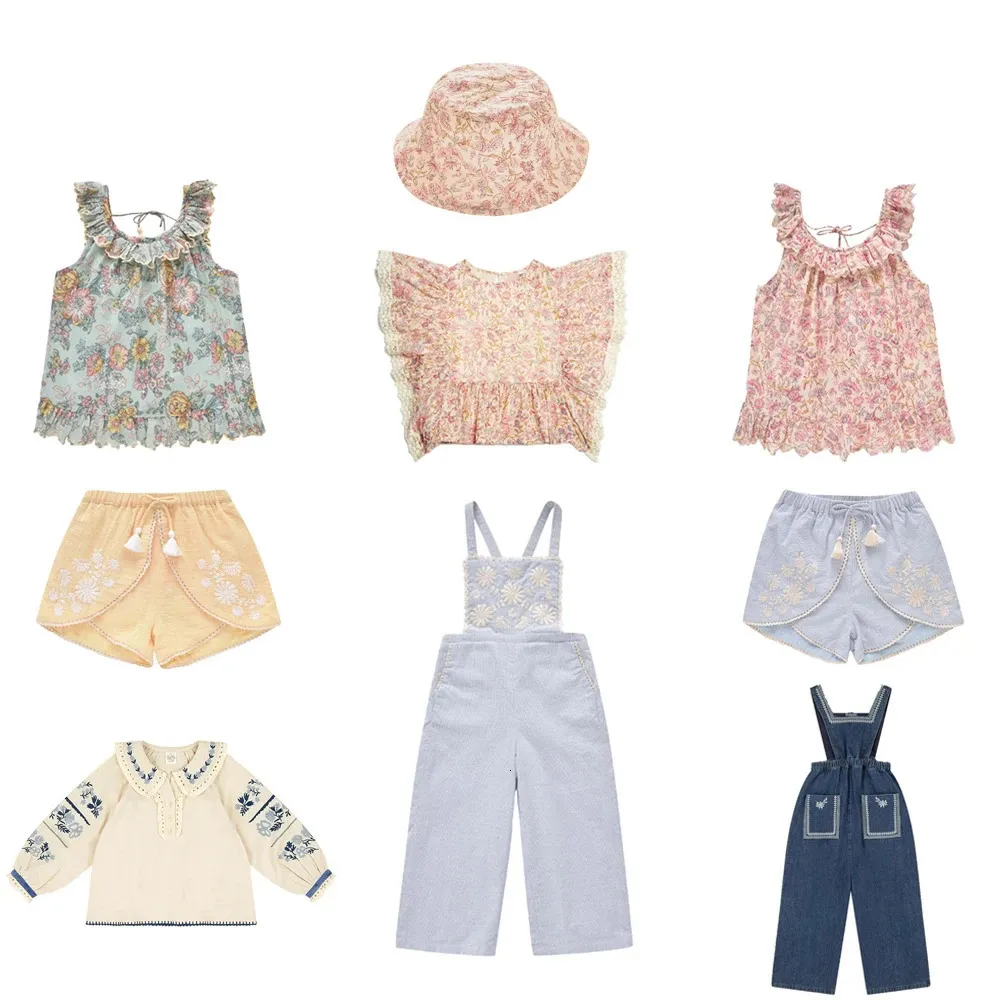 Kids Clothing Set 2023 Summer StRafina LM Girls Hat Shirt Overall Ins Baby Top Shorts Princess Embroidery Tank Short Pants Cap 240323