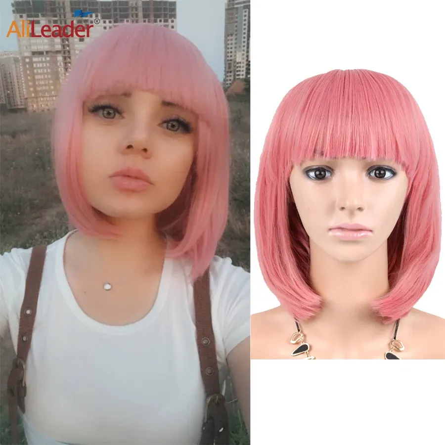 Perücken AliLeader Gerade Kurze Bob Perücke Für Frauen 31 Farbe Rosa Gelb Schwarz Rot Lila Ombre Natürliche Synthetische Haar Cosplay perücken Pony