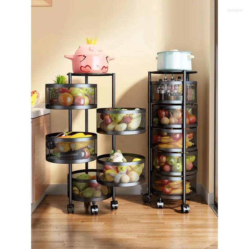 Kitchen Storage Floor Mounted Multilayer Rack Rotating Basket Drawer Rolling Trolley Vegetable Fruit Organizer