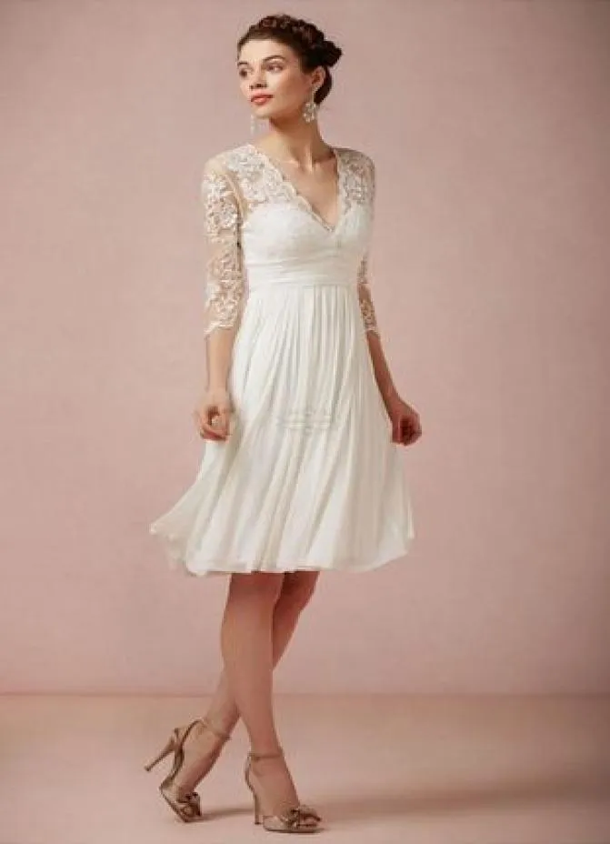 2019 s 34 Lace Sleeve Short Beach Wedding Dresses VNeck Ruffles Knee Length Empire Chiffon Bridal Gowns Custom Made2794014