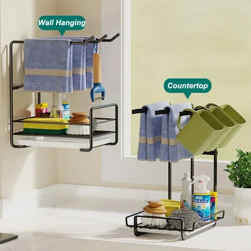 Kitchen Storage Rag Rack Wall Mounted Countertop Shelf Utensils Dishcloth Sponge Drain Sink Organizer