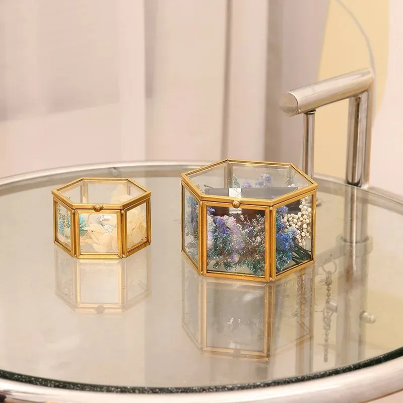 2024 Hexagon Glass Glass Jewelry Box Box Box Box هندسة زجاجية مجوهر