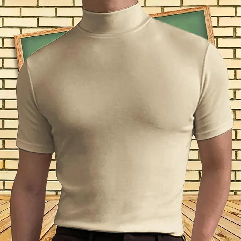 Camisetas masculinas moda mock gola alta manga curta pulôver básico projetado undershirt slim fit top casual macio