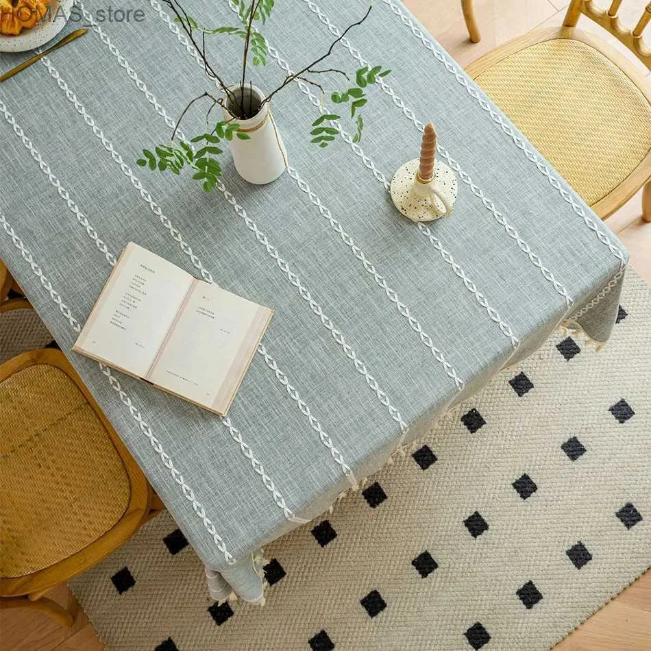 Table Cloth Sage green Tassel Tablecloth Cotton Linen Blending Heavy Dust-Proof Table Cover for Kitchen Dinning Tabletop Decoration Y240401