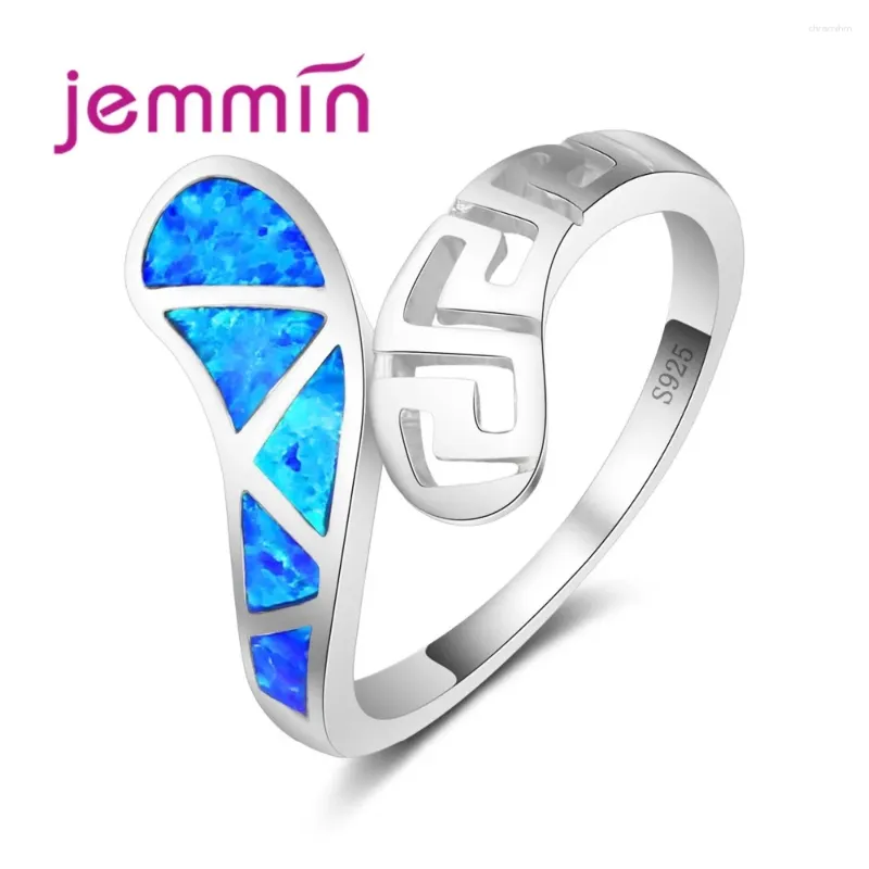 Anéis de cluster feminino retro para presente de festa hollo out geométrico s925 prata esterlina azul fogo opala anel de noivado jóias