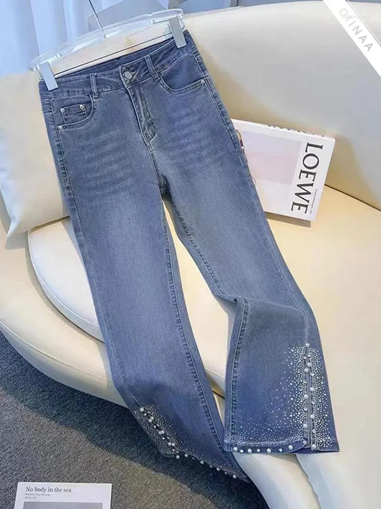 Jeans pour femmes Oiinaa Blue Flare Femmes Denim Pantalon Y2K Strass Slit Jambe Mode Taille Haute Coréen Streetwear Pleine Longueur