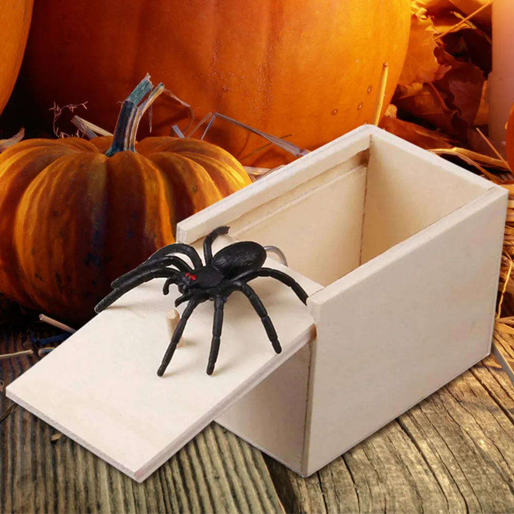Set De 4 Cajas Broma Con Araña De Goma – Cajas De Madera Hechas A Mano Para Halloween Y Fiestas De Disfraces