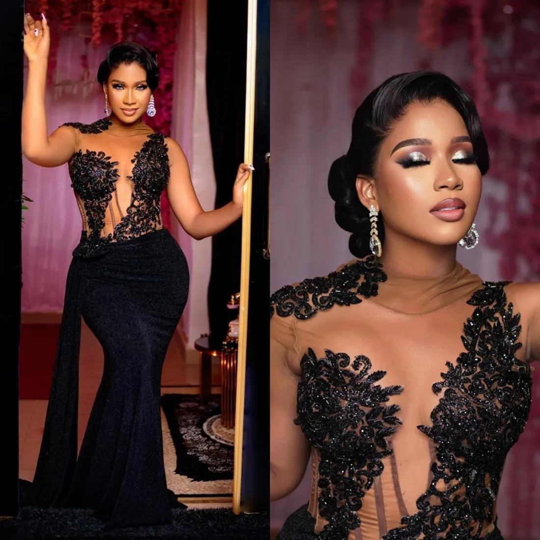 2024 Aso Ebi Prom Black Women Avondjurken Elegante High Neck Illusion Appliused kralen Lace Birthday Dress Tweede Receptie jurken voor OCNS AM646 407