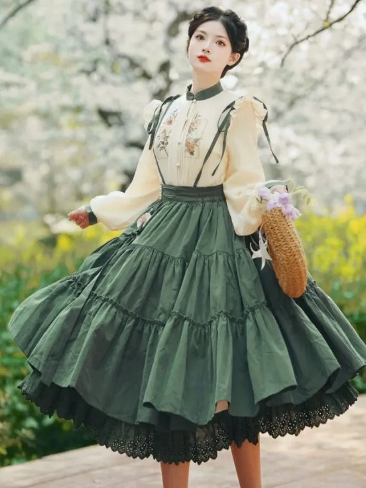 2024Chinese Lolita Style Midi Suspender Skirt, Cute High Waist A-Line Lace  Ruffle Skirts Pleated, Summer Long Skirt for Women Teen Girls
