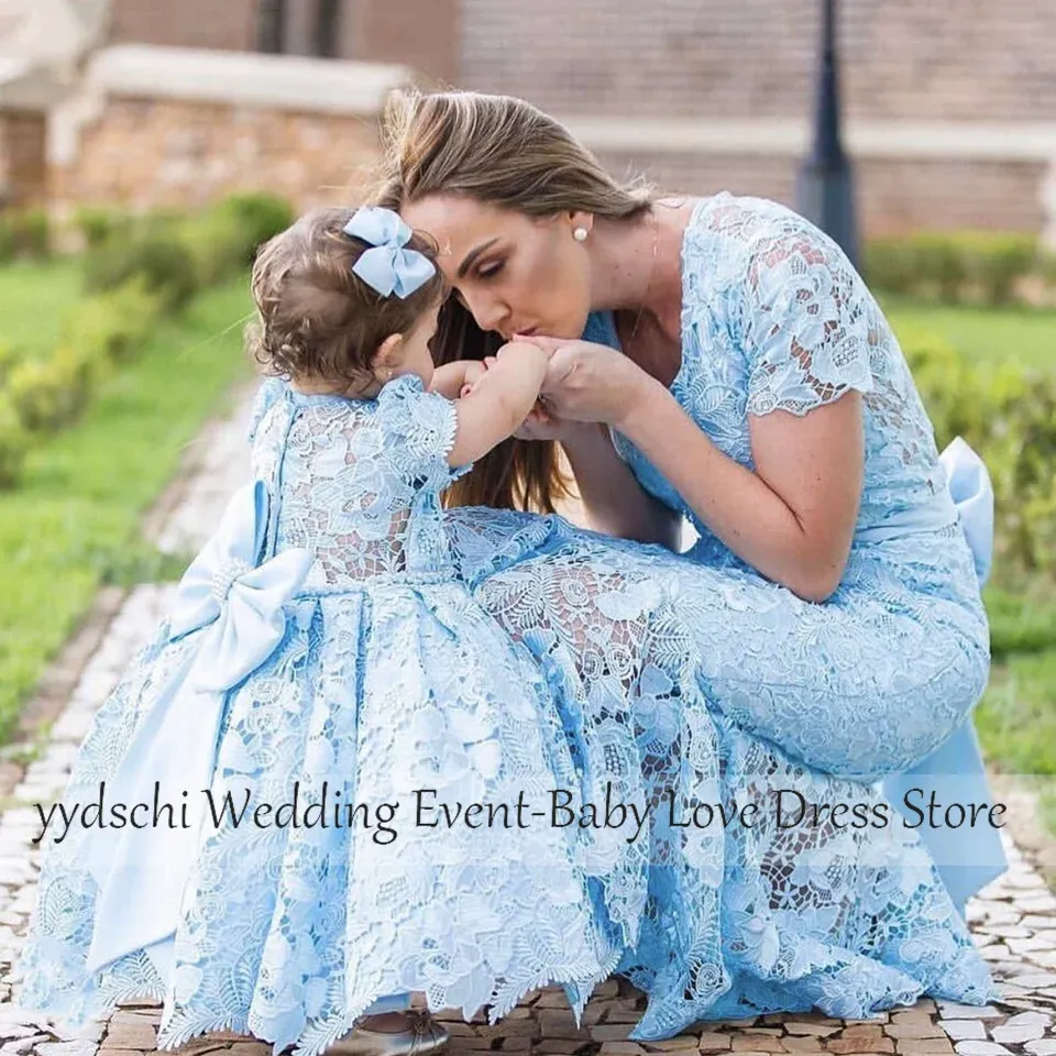 green emerald velvet dress Dusty Blue Elegant Matching Mother Daughter Dress 8 / 2T main image 1